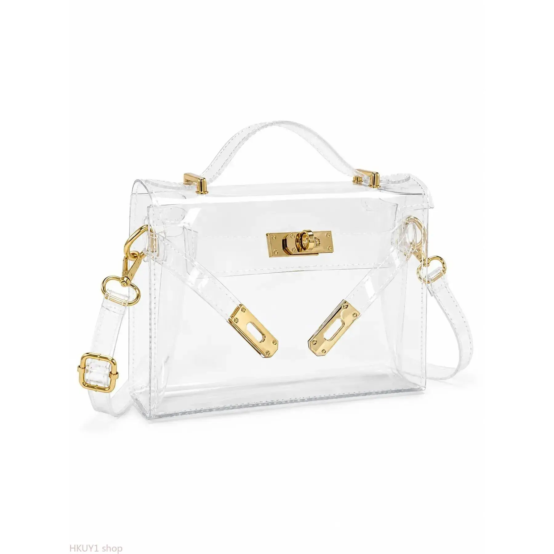 Transparent Jelly Crossbody Bag for Women, Clear PVC Shoulder Handbag, Stadium Approved Fashion Purse with Gold Lock