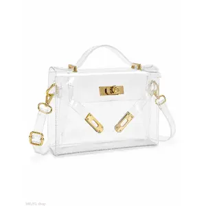 Transparent Jelly Crossbody Bag for Women, Clear PVC Shoulder Handbag, Stadium Approved Fashion Purse with Gold Lock