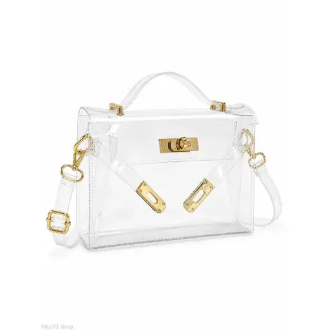 Women's Minimalist Transparent PVC Jelly Crossbody Handbag - Stadium-Approved for Concerts, Gold Lock, Adjustable Strap, Secure Closure, Casual Style, High-Capacity Space