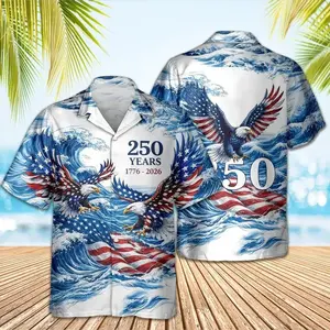 Patriotic Eagle Ocean Wave Hawaiian Shirt, 1776-2026 USA Flag Aloha Button Down Shirt, Tropical Summer Short Sleeve Shirt, Perfect Gift for Him