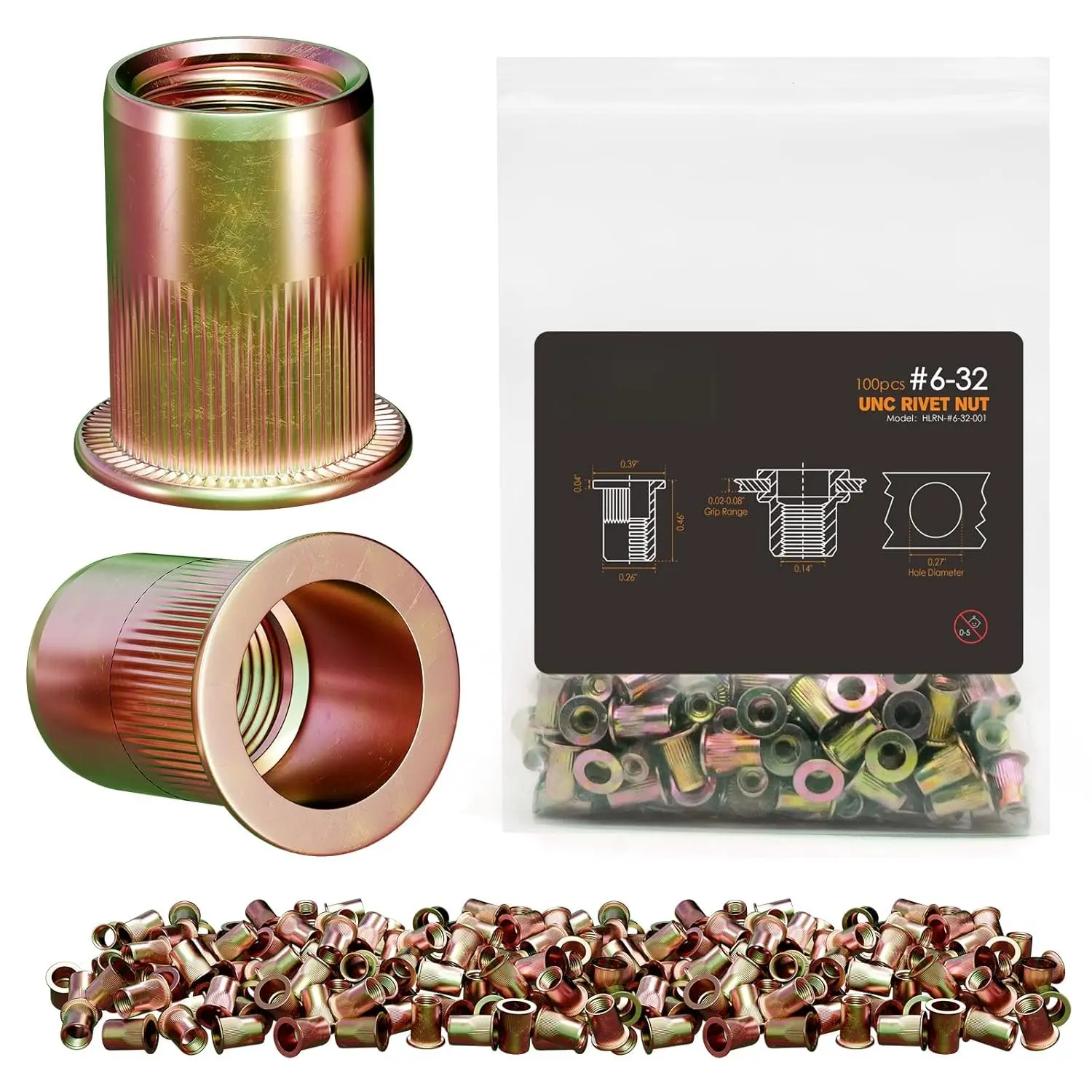 Rivet Nut, #6-32 UNC SAE Rivnut - Flat  Nutserts, Zinc-Plated Carbon Steel Knurled  Threaded Insert Nuts, 100 count