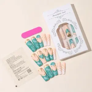 Emerald Green Press On Nails Long Square Press On Nails Glossy False Nails With Marble Stripes Gold Glitter Rhinestones Heart Designs Full Cover Stick On Nails Acrylic Artificial Nails Gifts For Women And Girls 24Pcs