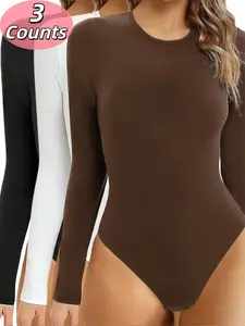 1/3 Counts Solid Round Neck Long Sleeve Thermal Bodysuit, Casual Comfy BasicTops, Cute Shirts,Slim Basic Layer,  Thermal Loungewear, Ladies Clothes for All Seasons, Suitable For Various Occasions