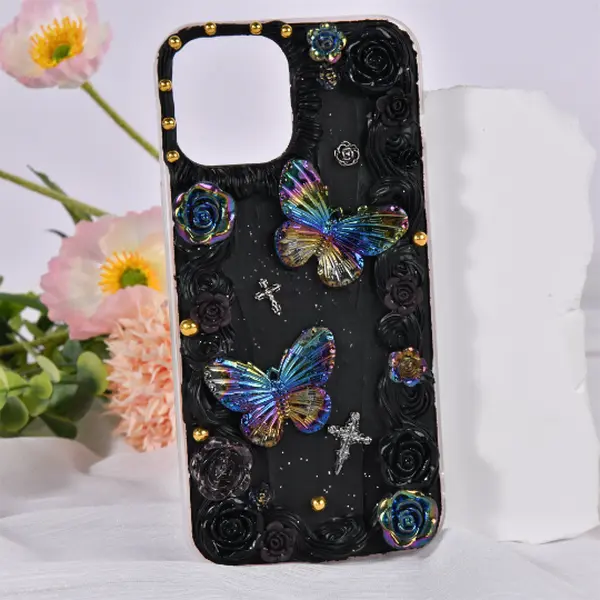 Decoden iPhone Case,Kawaii Phone Case,Black iPhone 12/13 Mini Pro Max Case,Fake Cream iPhone 13 Case, Birthday/Valentine's Day Gift Accessories Crystal, Protection Silicone