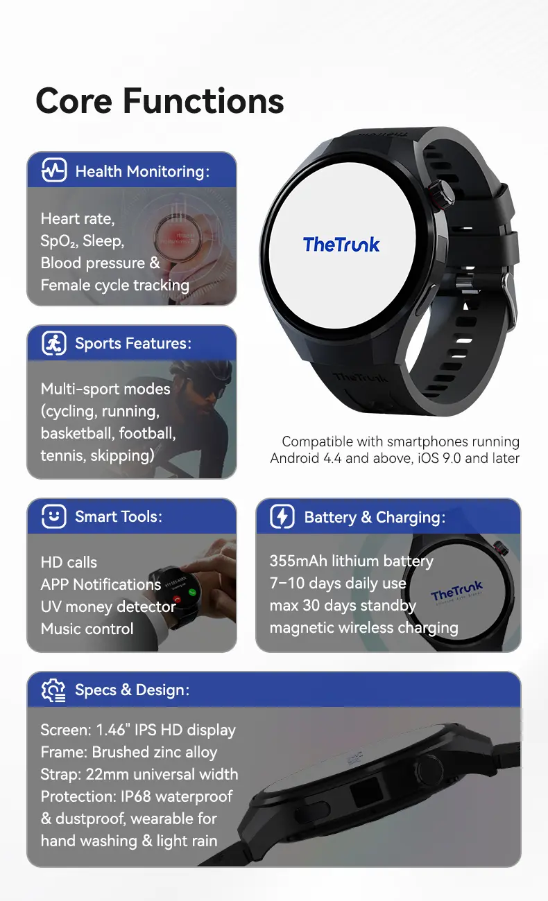TheTrunk Wireless Waterproof Smartwatch for Men and Women - 4 Bands, Bluetooth Calling, 7-Day Battery, IP68 Waterproof, Heart Rate Sleep Monitor, UV Light Camera, Phone Android Compatible, Daily Wear, tiktokshopstockup Gift, Reloj Inteligente Deportivo TheTrunk Wireless Waterproof Smartwatch for Men and Women - 4 Bands, Bluetooth Calling, 7-Day Battery, IP68 Waterproof, Heart Rate Sleep Monitor, UV Light Camera, Phone Android Compatible, Daily Wear, tiktokshopstockup Gift, Reloj Inteligente Deportivo