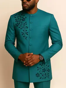 2 Pcs/Set, Plant Embroidery Green Men's Set, Long Sleeve Round Neck Shirt & Elastic Waist Pants, African Clothing, Streetwear, Party Outfit, Men's Casual Pants Set