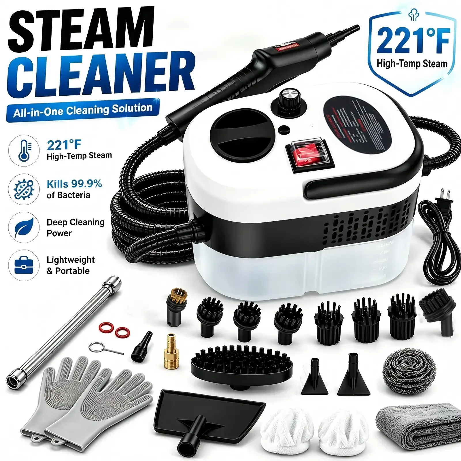 Portable Steam Cleaner 2500W with 24-Piece Accessories, 6-Level Adjustable & 15s Fast Heat-Up Handheld Steamer for Home, Tile, Grout, Grease, Car Detailing