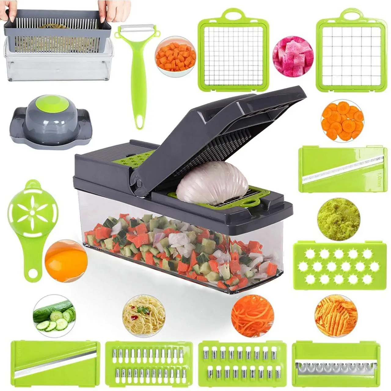 Multifunctional Vegetable Chopper with Replaceable Blade, 1 Set Vegetable Slicer Tools, Veggie Dicer, Manual Vegetable Shredder with Container, Kitche