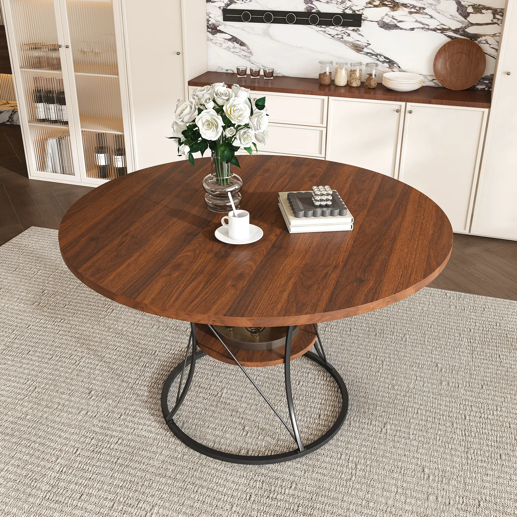 43" to 59" Extendable Round Dining Table for 4-6, Farmhouse Kitchen Table with Storage Shelf & Metal Base, Space-Saving, Easy Expand