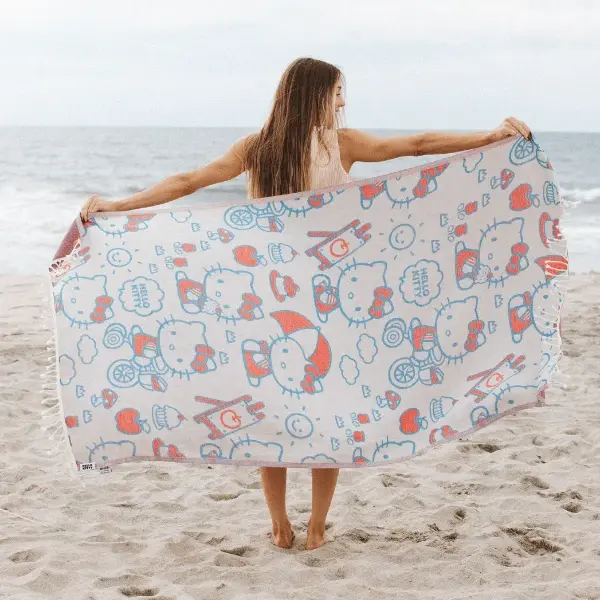 Hello Kitty x Sand Cloud Natural Soft Cotton Logo Printed Novelty Face Beach Towel - Play Day, Water-Resistant, Pool & Bathroom Home Supply Towel, Beach Towels