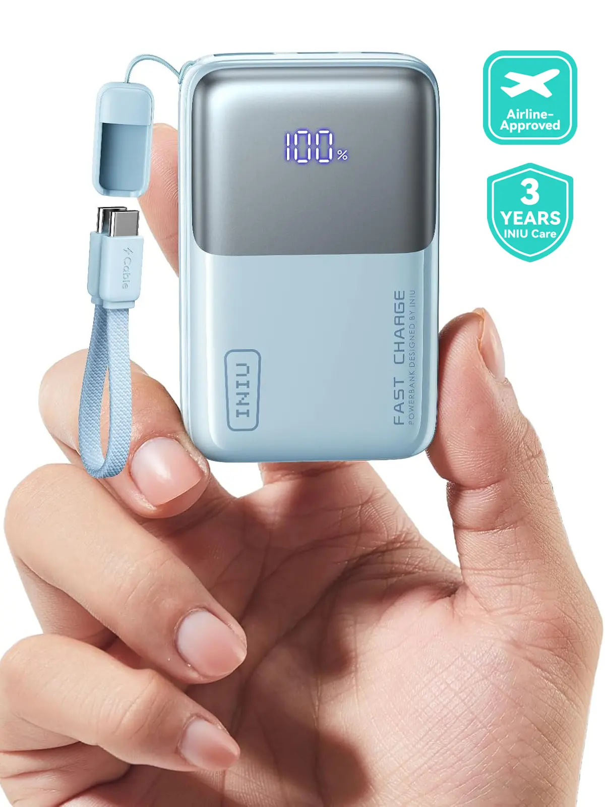 INIU P50 Pocket Rocket 45W PD 10000mAh Power Bank, 2026 Mini Pocket Size Powerbank Travel Essentials Portable Charger, Detachable Lanyard USB C Cable Fast Charge Phone Battery Pack for iPhone 17 16 15 series iPad Airpods Samsung Switch Perfect Gifts,summe