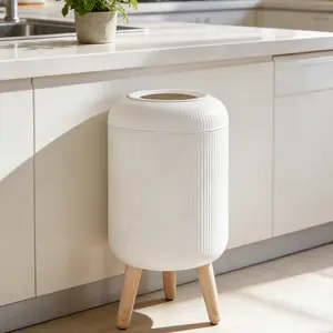 Modern Round Trash Can, 1 Count Wood Grain Design Trash Can with Silent Closing Lid, Bathroom Trash Can for Bathroom & Living Room, Bathroom Decor Supplies, Bathroom Essentials Accessories