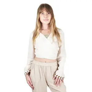 Linen Long Sleeve Wrap Shirt Cream Organic Cotton Bohemian Chic Fitted Top for Evening & Everyday Wear