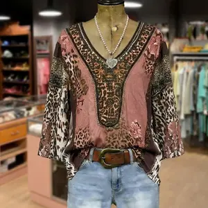 Cherrybetty 100% Cotton Retro Leopard Flower Print V-Neck Top Outfit Inspo Going Out Tops Comfort Elegant Outfits Tiktok Shop Spring Glow Up Blouses