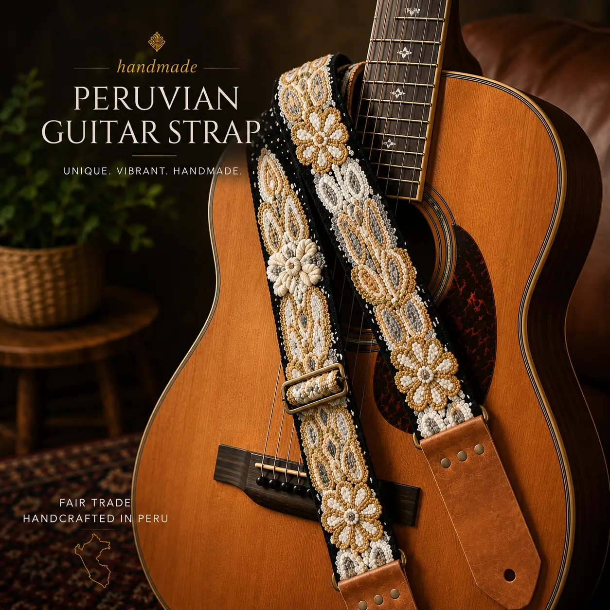 Handmade Peruvian Guitar Strap – Hand Embroidered, Adjustable, Brown Leather Ends, Unique Gift for Guitar Players