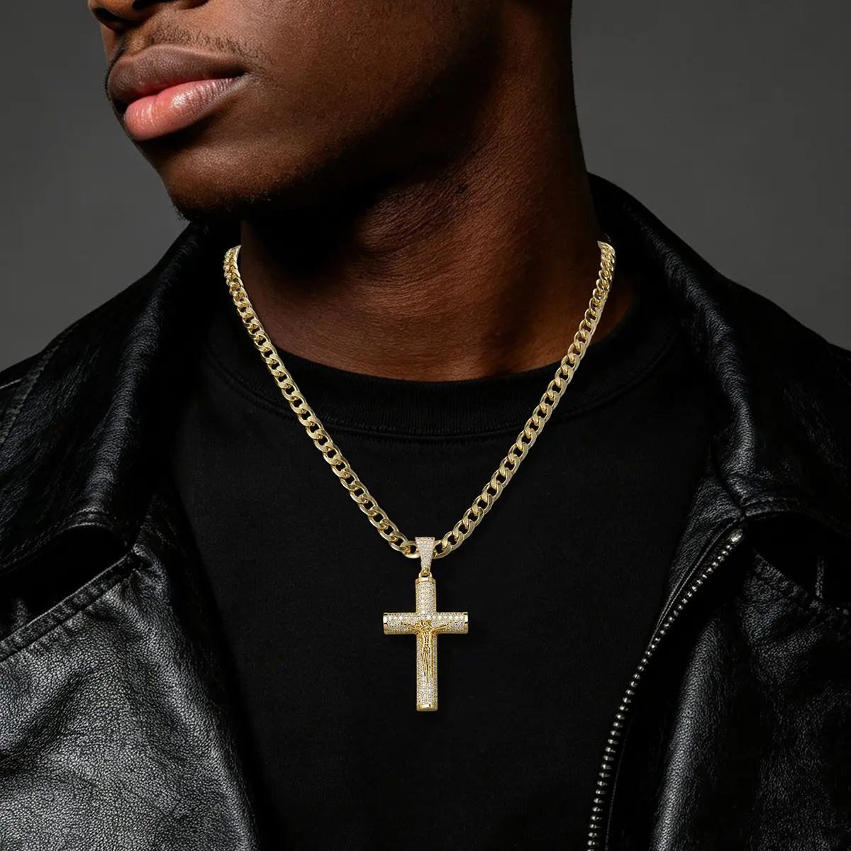 14K Gold Plated Cubic Zirconia Cross Necklace for Men, Embossed Cross Pendant Cuban Link Chain Necklace, Hip Hop Faith Inspirational Jewelry Gift for Him