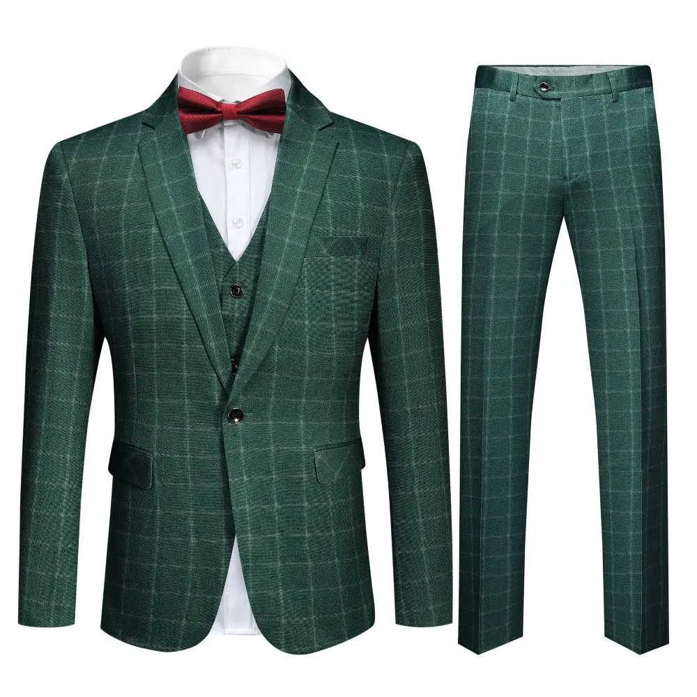 Cloudstyle Mens 3-Piece Plaid Suit Set Modern Fit Jacket Tux Blazer Vest Pants Green L