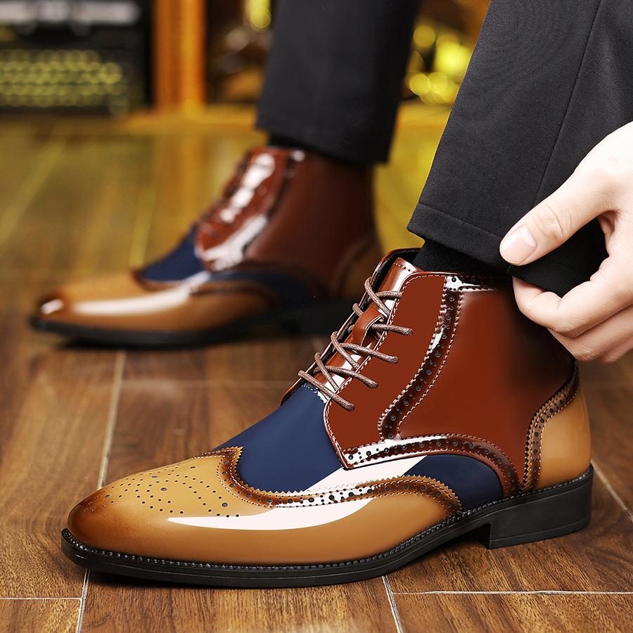 Men's mid-top wingtip Oxford formal shoes - Patent leather finish, Brogue details, fashionable and comfortable, suitable for business and formal events