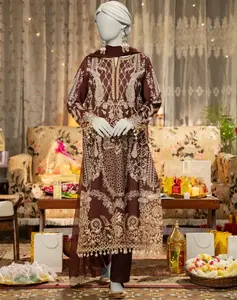 Junaid Jamshed 3 Piece Stitched Brown Cotton Silk Dress with Embroidered Paste-Printed Shirt Lace & Pearl Embellishments Regular Fit Round Neckline Semi-Formal & Casual Wear