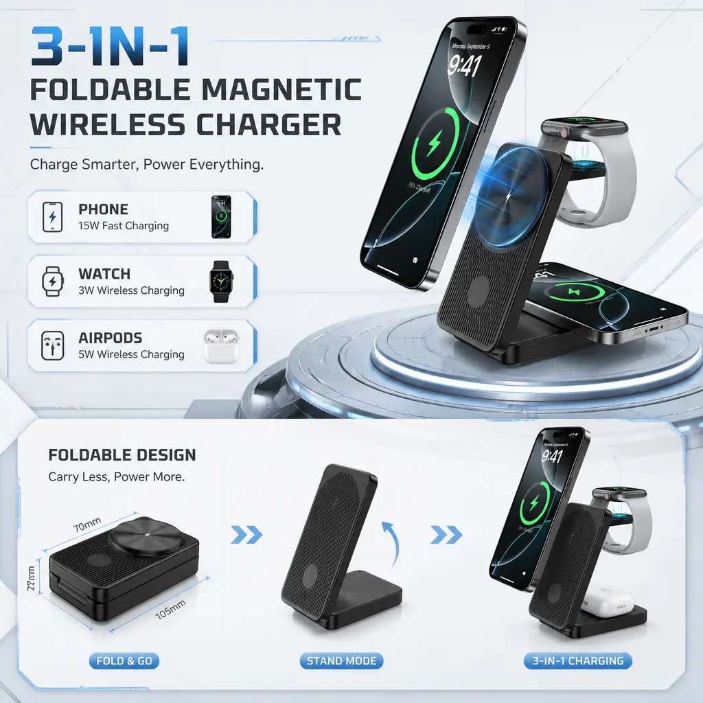 3-in-1 foldable magnetic wireless charger station for Apple,Samsung,and Android devices—Bedside table. MagSafe compatible. Supports iPhone 17/16/15/14/13/12 series, Apple Watch, other wireless earbuds.Magnetic charging dock designed for portability.CE10