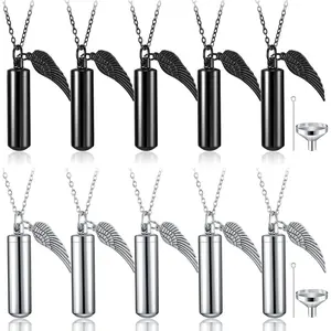 10 Pcs Urn Necklace for Ashes Cremation Jewelry for Human Ashes Bulk for Loved One Women Men with Wing Stainless Steel Cremation Keepsake Memorial Necklace Angel Cylinder Pendant Set