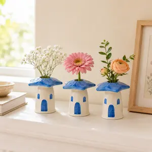 Blue Mushroom House Ceramic Bud Vase Set of 3, Mini Flower Vases for Dried Flowers, Cute Ceramic Shelf Decor & Housewarming Gift
