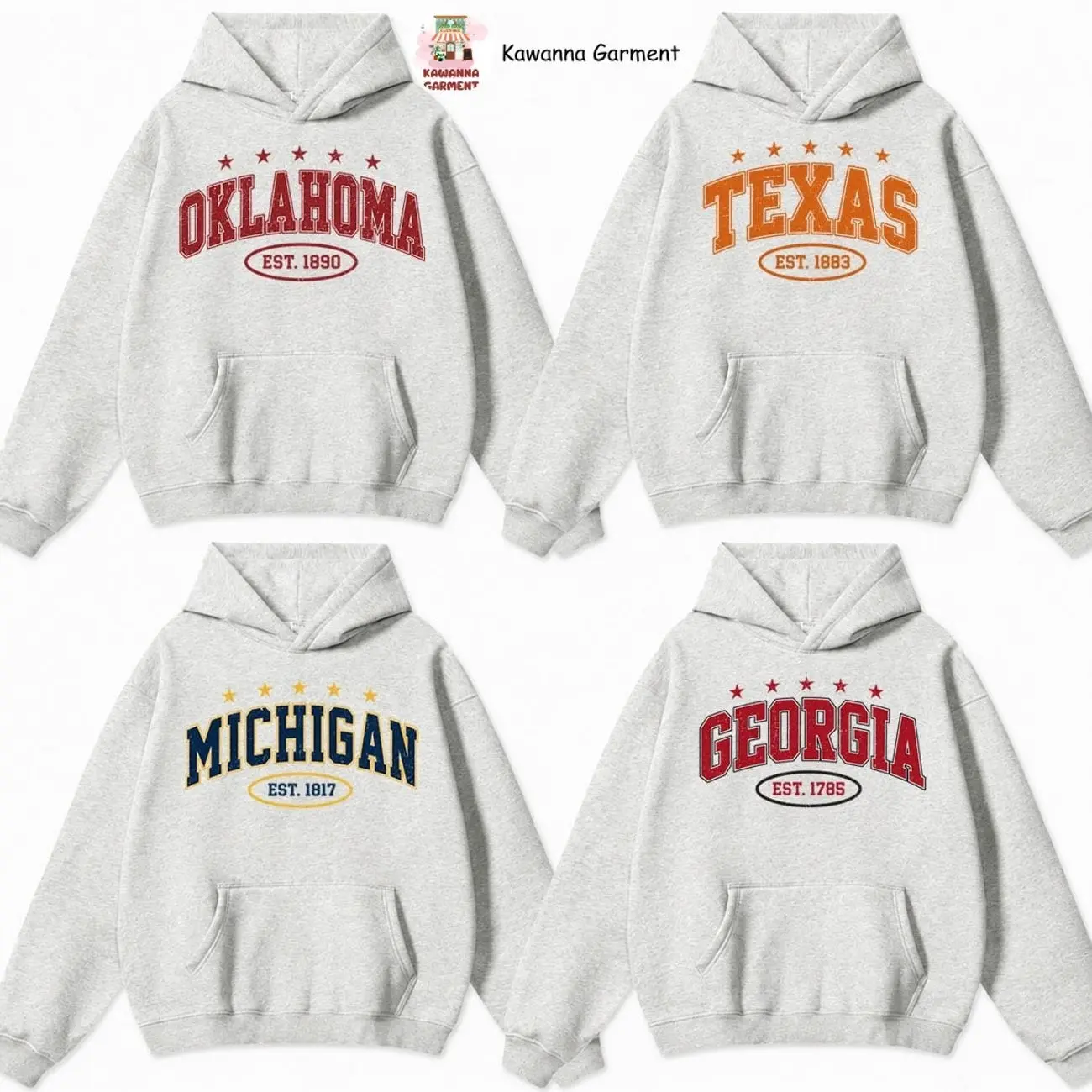 Vintage Varsity College Hoodie, Ash Grey Distressed State Name Graphic Crewneck, Classic Athletic Unisex Sweatshirt for Men Women, Birthday Gift for College Fans