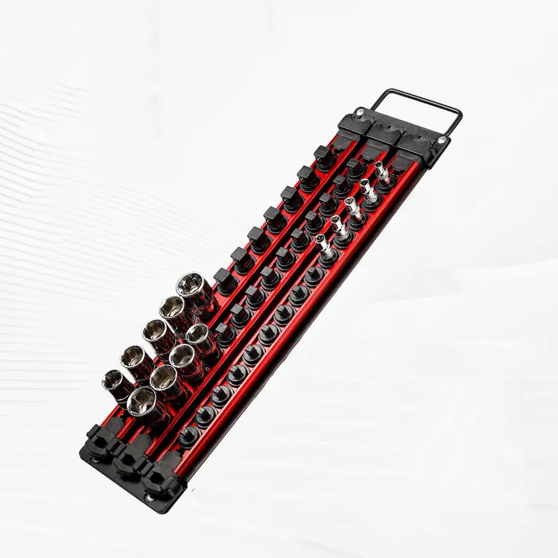 Portable Socket Manager Steel Tray with Handle Heavy Duty Aluminum Socket Rail 1/2 3/8 1/4 Inch Socket Rack x 40 Clips for Mechanics