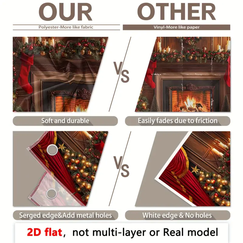 2D Flat, 80g Premium Polyester, 7x5ft/8x6ft/10x8ft, Palace Classic Brown Christmas Fireplace Backdrop, Vintage Red Curtain Christmas Tree Candle Holder Christmas Wreath Christmas Stocking Warm Home Golden Decoration Colorful Ball Christmas