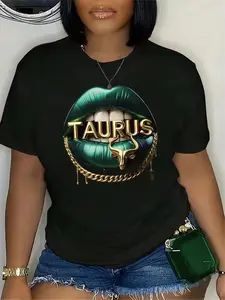Taurus Letter and Lip Pattern Printed T-shirt, Short Sleeve Round Neck Casual Top, Suitable for Summer and Spring, Women's Clothing