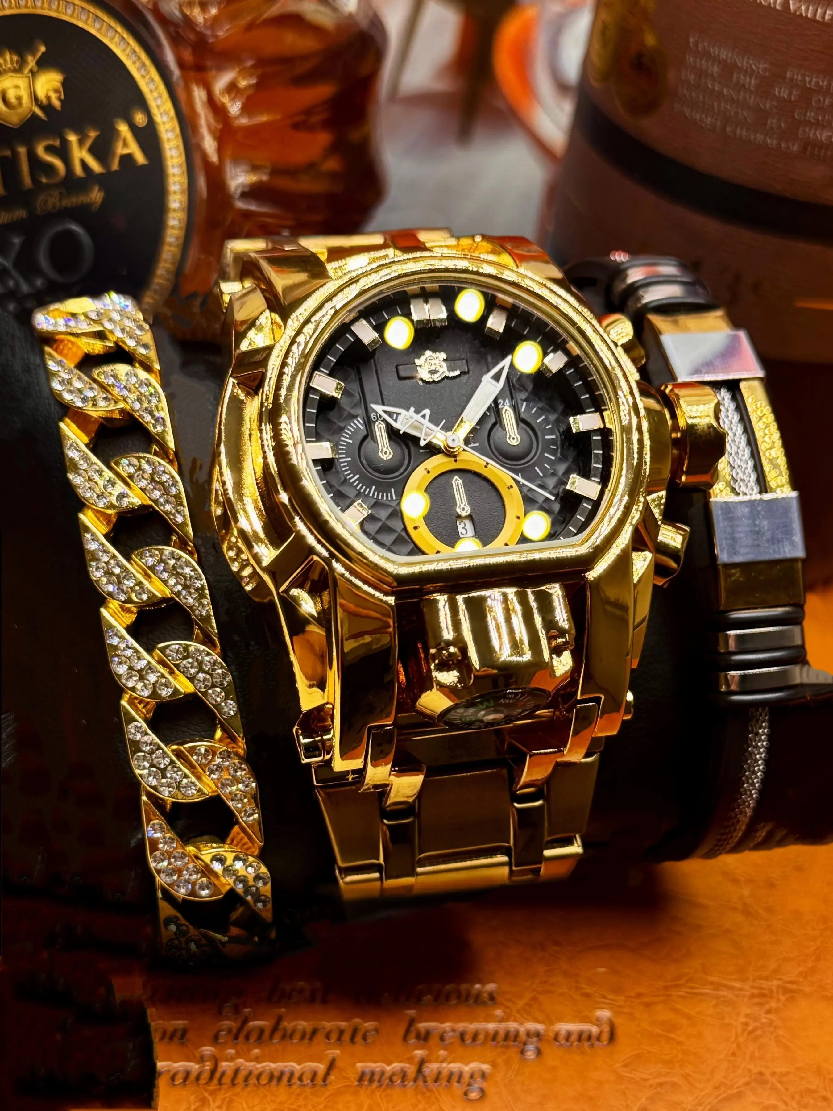Compass Punk Oddity Men's Watch – Punk Style Watch Trendy Youth Gold Steel Glow-in-the-Dark Swag. Hot Gift Timepiece, Stylish Watch, Alloy Quartz Watch, Quartz Wristwatch
