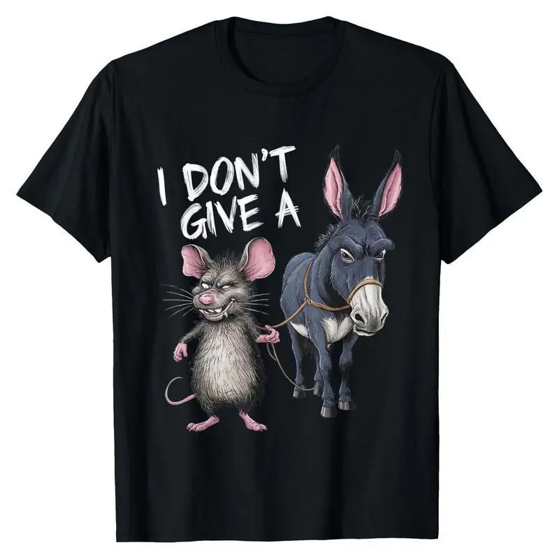 Funny "I Don't Care" Mouse and Donkey Graphic T-Shirt - 180g Cotton Vintage Loose Short Sleeve Crew Neck Casual T-Shirt, Machine Washable Humor Design