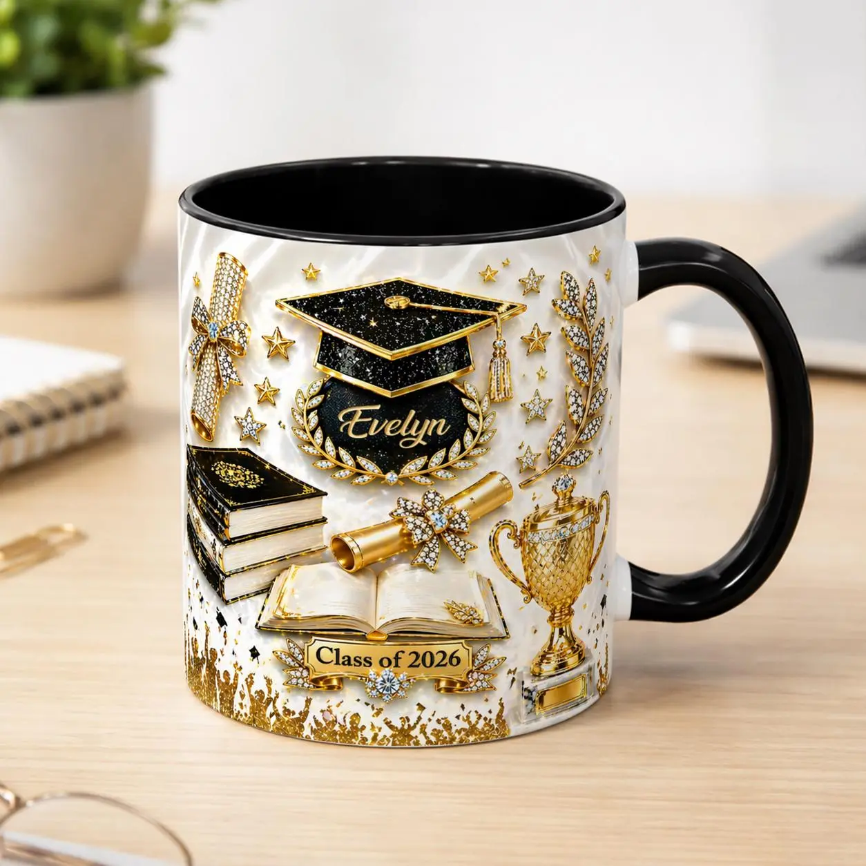 Personalized Graduate Mug Class of 2026, 2D Printed 3D Effect Ceramic Coffee Cup with White Marble and Gold Trophy Cap Design, Graduation Gift for Daughter Sister or Bestie, Perfect College Celebration Keepsake