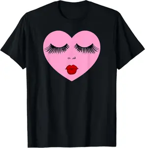 Pink Lady Heart with Eyelashes Valentines Day Kiss T-Shirt Pure Cotton Graphic Tees Menswear Top: Gifts for Men & Women
