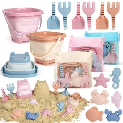 Dreamon Kids Beach Bucket Toys Set (Ages 3-10) - Fold-Flat Collapsible Buckets, 6 Aquatic Creature Molds, Sand Rakes, Sand Shovels, Shakeoff Mesh Bag - Beach Play Backyard Travel Toys