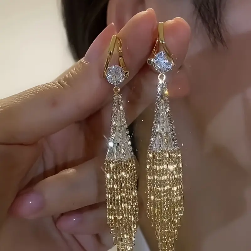 High-End Tassel Earrings For Women, Long Water Diamond Drop Earrings, DDES0084 Fashionable Accessories For Banquets And Bridal Gowns