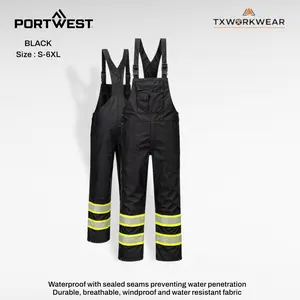 Portwest F488 Iona Plus Enhanced Rain Bib Overall for Men - Black, Waist-Fit, Adjustable Strap, 7 Multiple Pockets, UV Protection, Waterproof, Polyester Shell, Reflective Tape, Work Suits