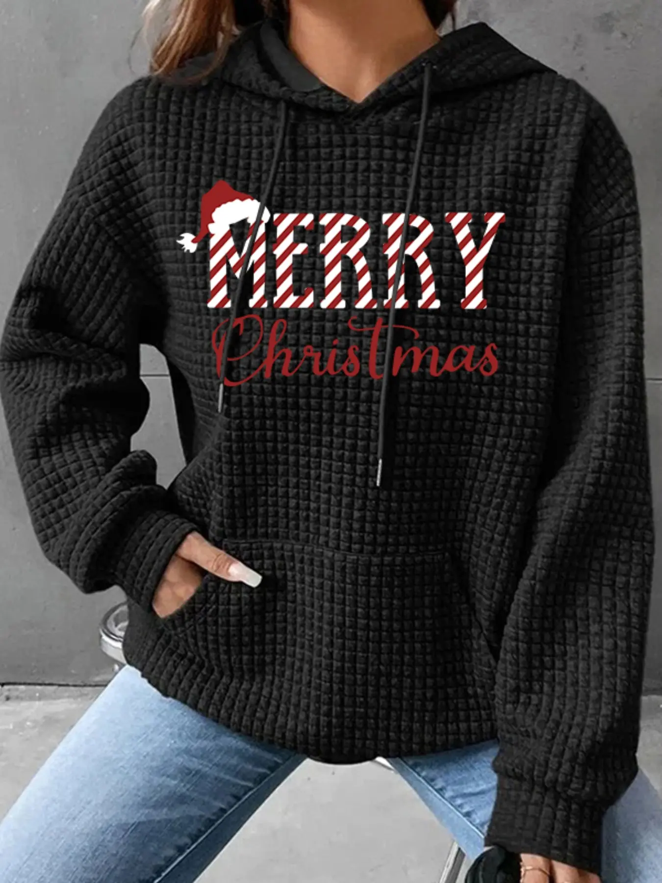 Women's Trendy Hooded Sweatshirt with Christmas Letter Print, Long Sleeve Pullover with Pocket, Fall & Winter Casual Top