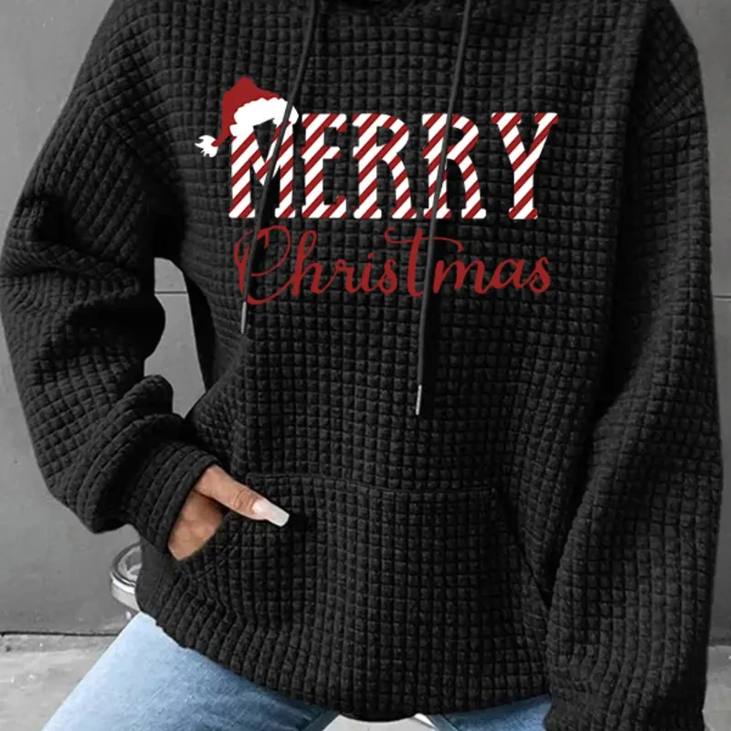 Women's Trendy Hooded Sweatshirt with Christmas Letter Print, Long Sleeve Pullover with Pocket, Fall & Winter Casual Top