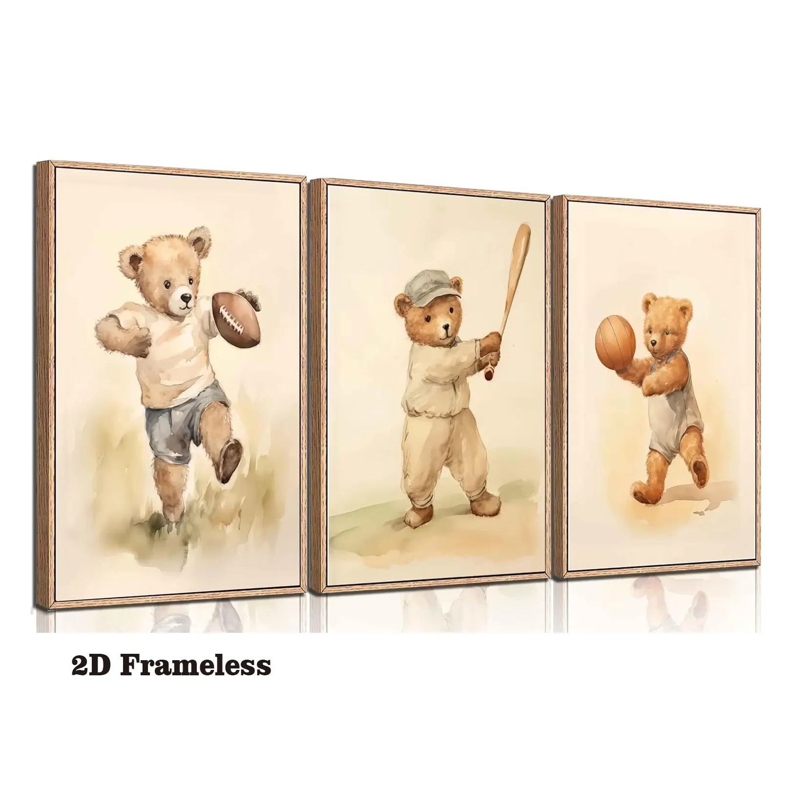 Set of 3 frameless canvas posters: Teddy bear sports-themed nursery animal canvas wall art, cute forest bear playing football decorative art, soccer, basketball, and baseball posters for kids' rooms, children's bedroom decorative art, 2D flat design