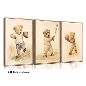 Set of 3 frameless canvas posters: Teddy bear sports-themed nursery animal canvas wall art, cute forest bear playing football decorative art, soccer, basketball, and baseball posters for kids' rooms, children's bedroom decorative art, 2D flat design