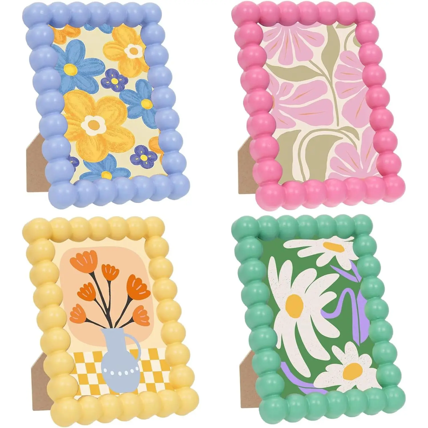 4 Pack Colorful Beaded Picture Frames 4x6 Inch, Cute Decorative Photo Frame for Destop & Wall, Aesthetic Home Decor Gift for Wedding Graduation (Pink, Green, Yellow, Blue)