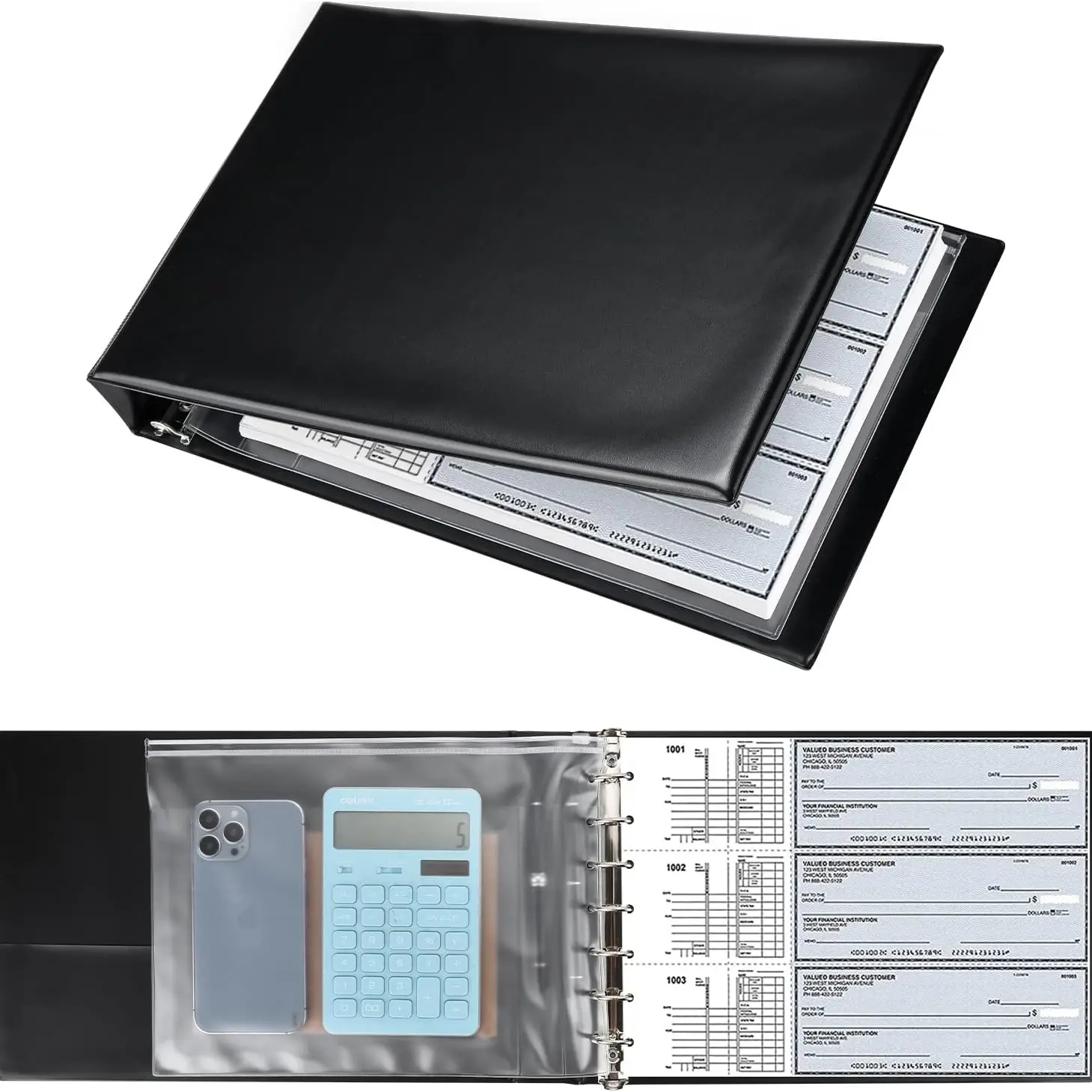 1 Pc 7 Ring Business Checkbook Storage Binder for Business Checks, 600 Checks Capacity, PU Leather Check Book Binder Cover with Zipper Pouch, Executive Organizer Portfolio Holder, Document Organizer Folio for 9x13 Inch Sheets, Office Accessories, Black