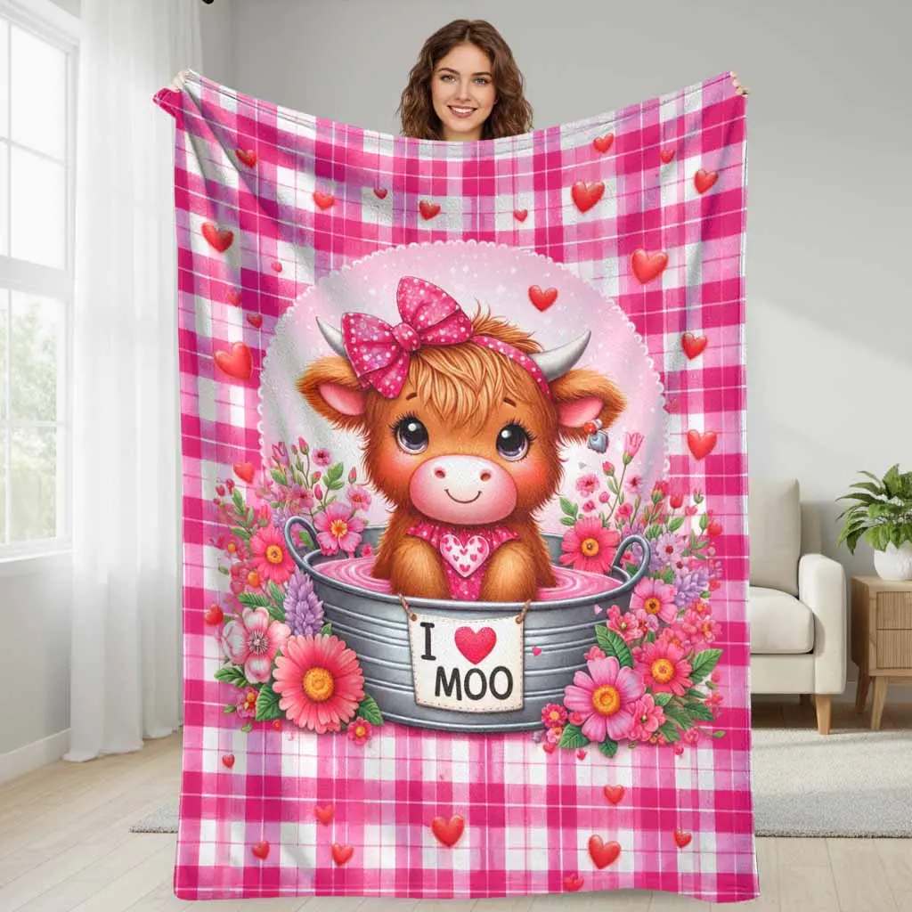 Highland Cow Pink Plaid Heart Flower Print Flannel Blanket - Super Soft, Cozy Plush, Breathable, Lightweight Bedspread Throw for Bedroom Couch - Farmhouse Aesthetic Decor, Valentine Housewarming Gift for Her