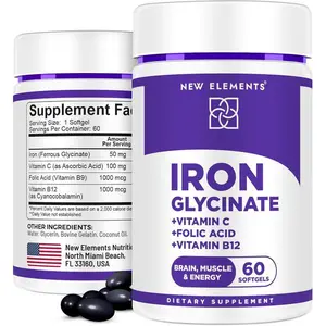 Iron Glycinate 50mg with Vitamin C, Folic Acid & B12 – Gentle Iron Supplement for Anemia Relief, Energy & Immune Support, Fast Absorption Softgels for Women & Men