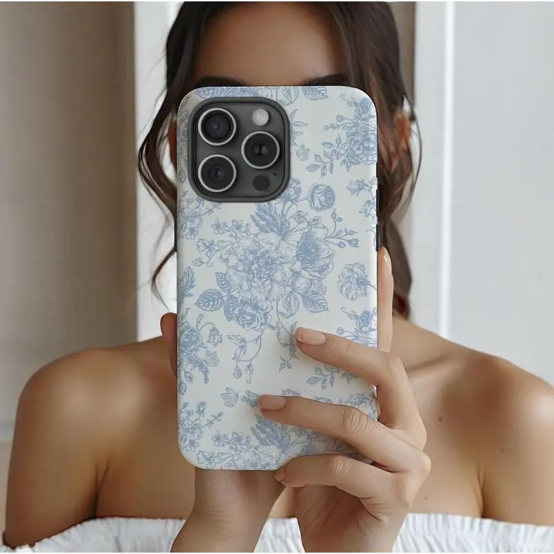 Durable Shock-Absorbing Glossy 2-in-1 Smartphone Case with Blue Floral Pattern - Cellphone Protection for iPhone 11/12/13/14/15/16/17,X & Samsung Handheld Devices, Ideal Holiday Gift, Casing