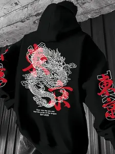 Tokyo Dragon Print Hoodie, Bottom with Line Drawing Dragon Pattern, Casual Streetwear for Fall & Winter