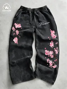 Vintage Washed Black Sakura Print Cotton Sweatpants, Y2K Aesthetic Loose Fit Streetwear Joggers, Comfy Fleece Drawstring Waist Pants for Men & Women, Fashion, TikTok Viral Street Style, Hip Hop, Daily Casual Wear