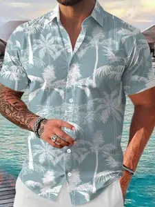 Men's Palm Tree Print Vacation Shirt - Short Sleeve Casual Summer Hawaiian Style | Beach & Travel Ready