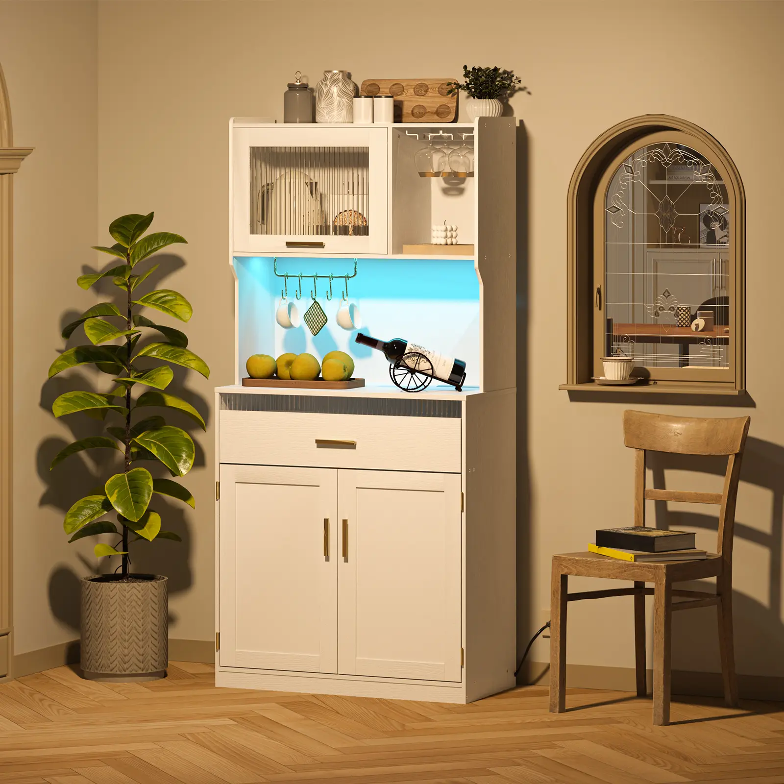 HOOBRO Adjustable Pantry Cabinet with LED Lights and Charging Station, 67” Kitchen Pantry Storage Cabinet with Cup and Goblet Holders, Tall Farmhouse Kitchen Hutch Cabinet with Microwave Stand for Kitchen, Dining Room, White cupboard #SummerVibes
